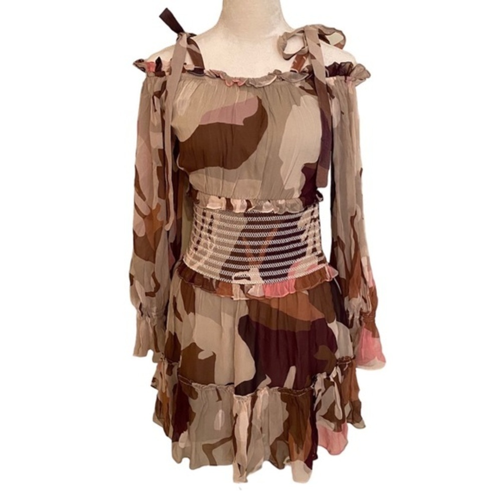 NWT Revolve Rococo Sand Beige Multi Print Long Sleeve Mini Dress, Size Medium